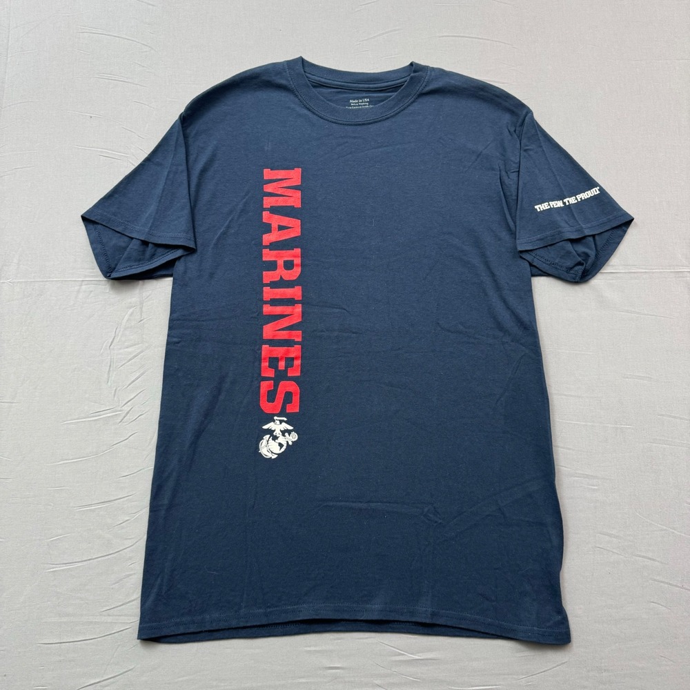 US Marine Corps USMC Graphic T-Shirt Navy Blue Vertical Logo Men Medium USA Made